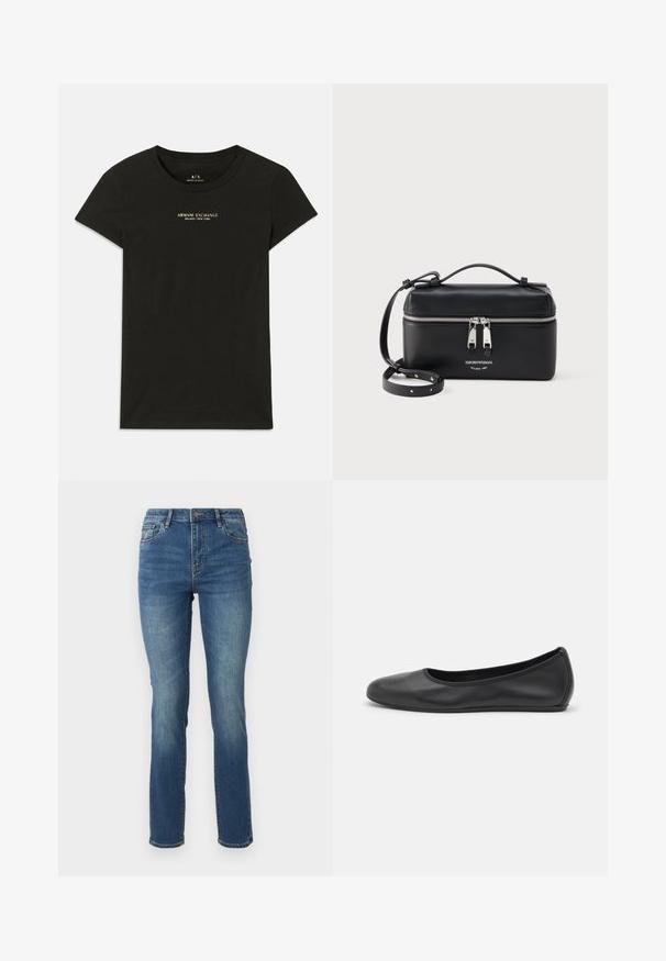 Sort kortærmet Armani Exchange T-shirt med "Armani Exchange Milano / New York" trykt i små beige bogstaver på brystet.; Mellem-høje, blå denim jeans med lige ben, der har en glat tekstur, subtil falming og klassisk fem-lomme design med knaplukning.; Sort læderballetsko med rund tå, glat tekstur, minimal syning og et fleksibelt såldesign.; Sort rektangulær læder skuldertaske med dobbeltsidet sølvlynlås og justerbar rem, der har Emporio Armani-logo og teksten Milano 1981.