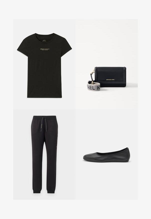Musta lühiärg Armani Exchange T-särk, mille rinnaosal on väikesed beežid tähed "Armani Exchange Milano / New York".; Mustadest pehmest puuvillast jalgpükstest, millel on elastne vöökoht ja nöör. Omavad ribakujulisi mansette ja tikandiga teksti külgedel.; Musthave mustika tantsutossud mustast nahast, ümmarguse varbaga, siledast tekstuurist, minimaalse õmblusdetailiga ja paindliku tallakujundusega.; MICHAEL Michael Kors JET SET SM PHONE WBG XBODY - Ülerinna-kott - black