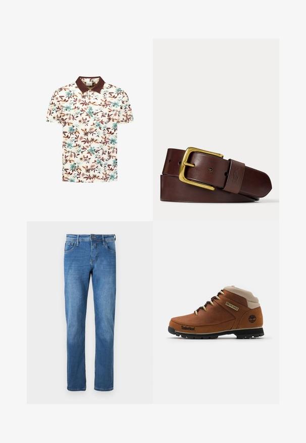 Poloshirt met korte mouwen, bruine kraag en een meerkleurige bloemenprint met blauwe, bruine en beige bloemen op een witte achtergrond.; Denim jeans in medium blue met een rechte snit. Voorzien van vijf zakken, een knoopsluiting en zichtbare stikseldetails langs de naden.; Bruine leren wandelschoen met een beige kraag, zwarte rubberen zool en gouden oogjes. Bevat een Timberland-logo aan de zijkant.; Bruine leren riem opgerold met een gouden rechthoekige gesp en een leren lus met een reliëf paard en ruiter logo.