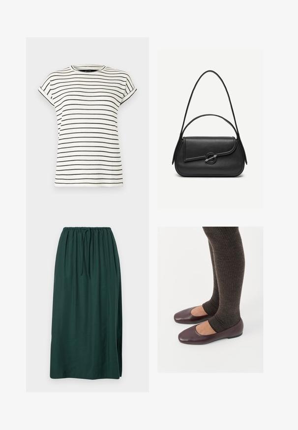 Camiseta blanca de manga corta con rayas negras verticales, cuello redondo y puños doblados en las mangas. Tejido de punto suave.; Larga falda verde oscuro hecha de tela suave, con cinturilla elástica y cordón, y una abertura lateral para mayor libertad de movimiento.; Bailarinas de charol burdeos con diseño de punta cuadrada, combinadas con calcetines de punto acanalado marrón oscuro que llegan a la mitad de la pantorrilla.; Bolso de cuero negro con bordes redondeados, solapa asimétrica, cierre circular de metal y correas de hombro cortas y largas.