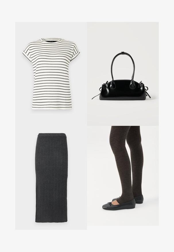 Camiseta blanca de manga corta con rayas negras verticales, cuello redondo y puños doblados en las mangas. Tejido de punto suave.; Falda midi de punto acanalado en gris oscuro. Presenta una silueta ajustada y una cinturilla elástica. Confeccionada en un tejido suave y texturizado.; Piernas con leggings oscuros acanalados combinados con bailarinas negras que presentan pequeños detalles de lazo sobre un fondo blanco.; Pequeño bolso negro brillante con dos asas largas y detalles de cordón lateral sobre un fondo claro liso.