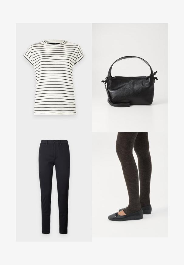T-shirt blanc à manches courtes avec des rayures noires verticales, col rond et poignets repliés aux manches. Tissu en maille douce.; Pantalons noirs en tissu lisse, avec une taille standard, des poches avant et des jambes fuselées. Pas de motifs ou d'accents visibles.; Jambes portant des leggings côtelés foncés associés à des ballerines noires avec de petits détails en nœud sur fond blanc.; Sac à main en cuir noir au design structuré, avec une poignée arrondie et une bandoulière amovible. Présente une texture lisse et un éclat subtil.