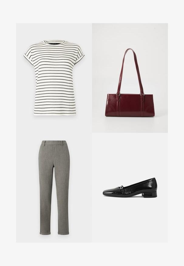 Camiseta blanca de manga corta con rayas negras verticales, cuello redondo y puños doblados en las mangas. Tejido de punto suave.; Pantalones ajustados gris tailored con trabillas para cinturón y bajos remangados, adecuados para ropa formal o de oficina.; Bailarinas de charol negro con punta afilada, tacón cuadrado bajo y un pequeño detalle de hebilla metálica en la correa. Textura suave.; Bolso burdeos hecho de material brillante, de forma rectangular, con dos asas para el hombro y sutiles acentos curvados en la parte frontal.
