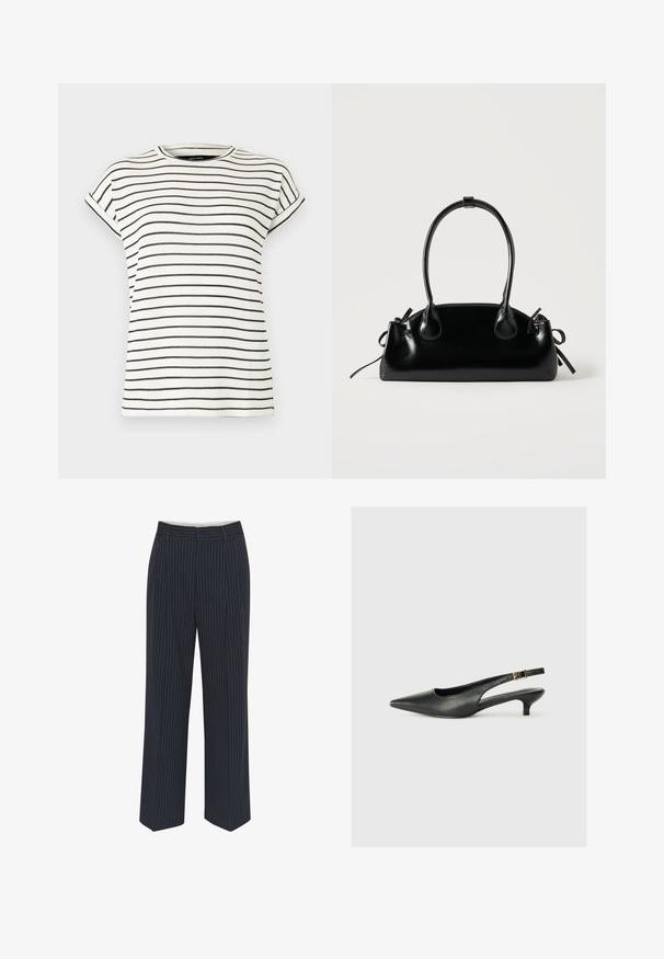 T-shirt blanc à manches courtes avec des rayures noires verticales, col rond et poignets repliés aux manches. Tissu en maille douce.; Pantalons bleu marine avec des rayures verticales blanches, design à jambes larges, tissu lisse, passants de ceinture et pli sur le devant pour un look ajusté.; Chaussure slingback noire à bout pointu en cuir lisse. Présente un talon fin et un détail de boucle sur la sangle réglable.; Petit sac à main noir brillant avec deux longues anses et des détails à cordon sur les côtés sur un fond clair uni.