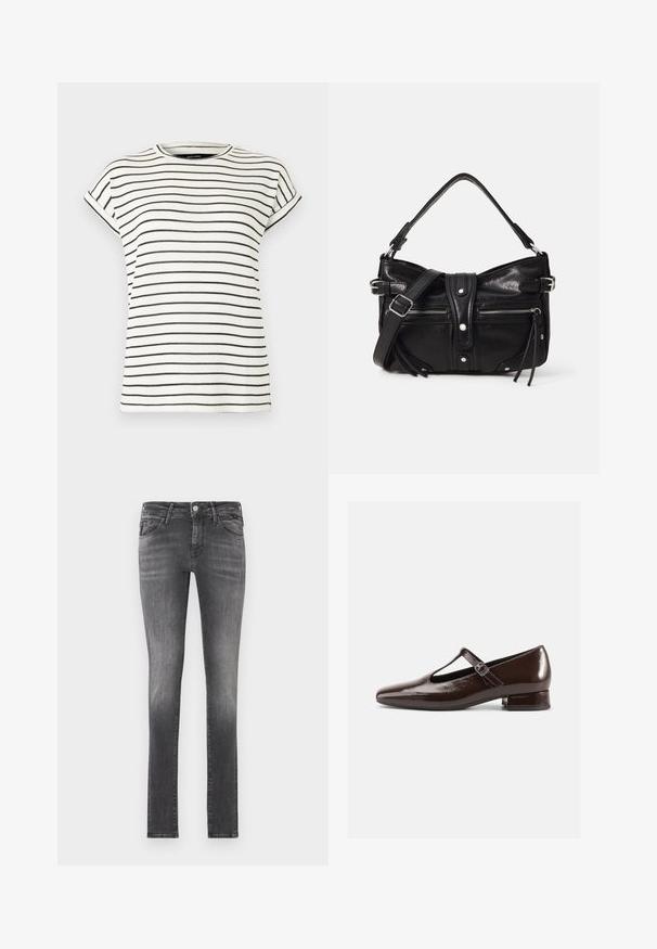 Hvid kortærmet t-shirt med lodrette sorte striber, rund halsudskæring og opbuk ved ærmerne. Blødt strikket stof.; Mørkegrå slim-fit jeans med en slidt finish, lavet af denim, der har fem lommer og en klassisk lynlås med metalknaplukning.; Brune Mary Jane-sko i laklæder med en rundet tå, udskæringsdesign og justerbar rem. Lav blokhæl.; Even&Odd H24462 - Håndtasker - black