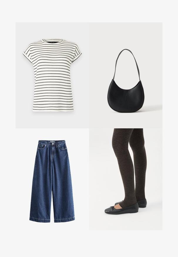 T-shirt blanc à manches courtes avec des rayures noires verticales, col rond et poignets repliés aux manches. Tissu en maille douce.; Pantalon en denim bleu à jambes larges avec bouton sur le devant, fermeture éclair, passants de ceinture et design cinq poches.; Jambes portant des leggings côtelés foncés associés à des ballerines noires avec de petits détails en nœud sur fond blanc.; Sac à épaule en cuir noir en forme de croissant avec une bandoulière unique et un nom de marque discrètement embossé sur un fond clair uni.