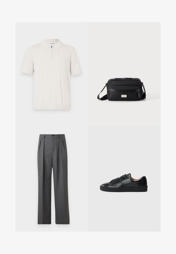 Polo de manga corta color crema con cuello con cremallera, con un patrón de rayas texturizadas verticales en ambos lados y un dobladillo acanalado.; Pantalones formales grises plisados con cintura abotonada y bolsillos laterales, mostrados sobre un fondo liso.; Zapatilla negra de cuero con una textura suave, puntera redonda y cierre de cordones. Presenta una suela de goma gruesa y un detalle de marca mínimo.; Bolso bandolera rectangular negro con bolsillo frontal con cremallera, correa ajustable y placa de logo rectangular plateada sobre fondo liso.
