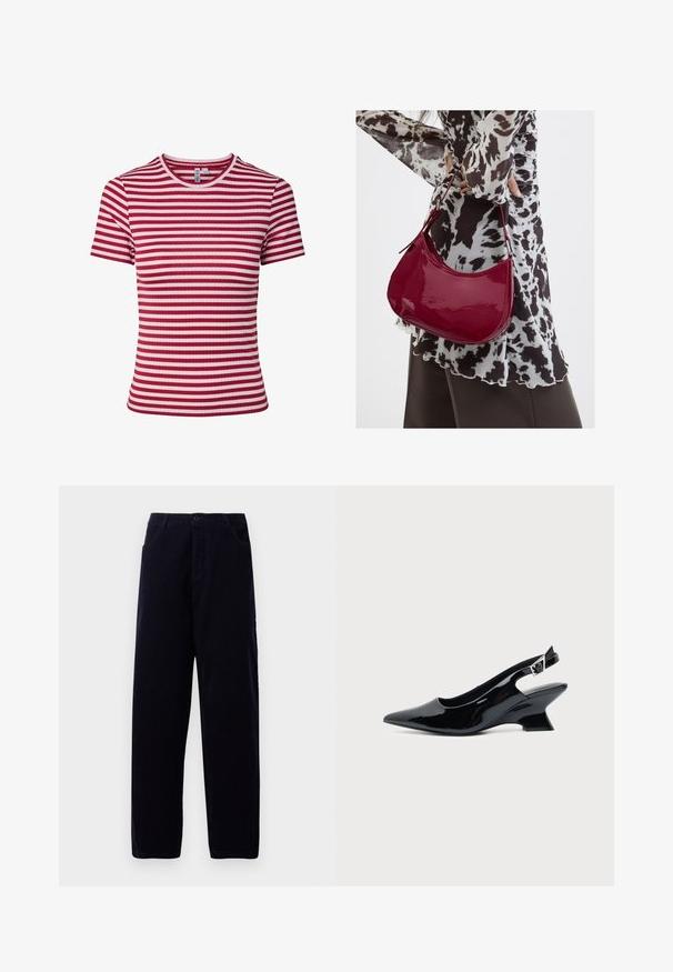 T-shirt à manches courtes en maille côtelée avec des rayures horizontales rouges et roses et un col rond.; Pantalons en velours côtelé bleu marine foncé à jambe droite, avec poches avant et fermeture à bouton à la taille.; Chaussure slingback en cuir verni noir avec bout pointu et petit talon bloc incliné sur fond clair uni.; Femme portant un chemisier à motif noir et blanc tenant un sac à main rouge brillant sur un fond uni.