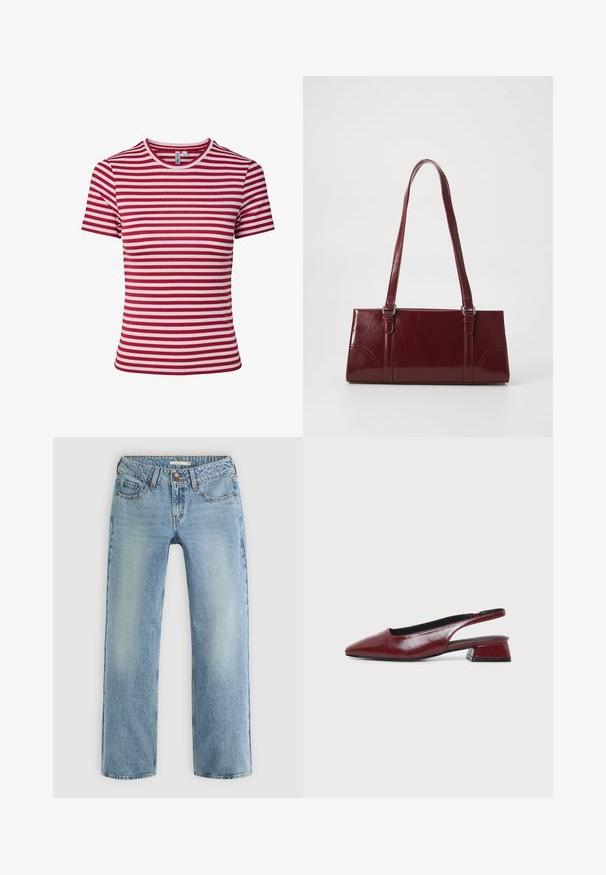 Kurzärmeliges, geripptes Strick-T-Shirt mit horizontalen roten und pinkfarbenen Streifen und rundem Ausschnitt.; Hellblaue gerade geschnittene Jeans aus Denim, mit Knopfverschluss, fünf Taschen und subtiler Ausbleichung entlang der Beine.; Dunkelroter Lederslingback-Schuh mit spitzer Zehenpartie und niedrigem Blockabsatz, seitlich auf hellem Hintergrund gezeigt.; Burgunderfarbene Handtasche aus glänzendem Material, rechteckige Form, mit zwei Schulterriemen und subtilen, geschwungenen Akzenten an der Vorderseite.