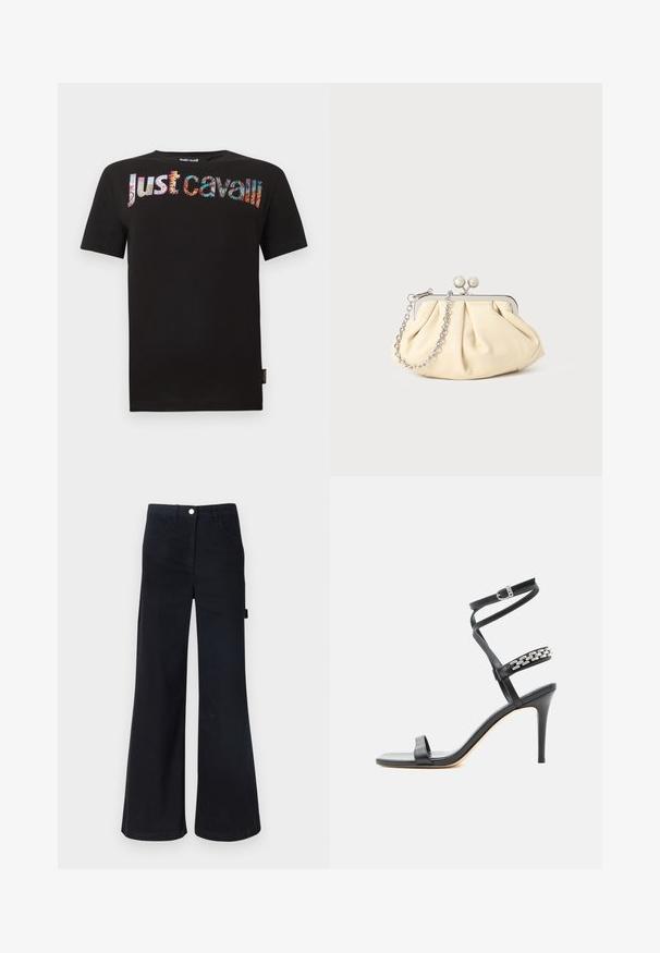 T-shirt noir à manches courtes avec le logo "just cavalli" coloré et à motif sur la poitrine, sur fond blanc uni.; Pantalons évasés noirs à taille haute en tissu robuste. Comprend cinq poches et une fermeture à bouton en métal à la taille.; Sandale noire à talon haut avec fine bride à la cheville, bride médiane décorée de maillons de chaîne argentés, et design à bout ouvert.; Pochette en cuir beige plissé avec un cadre en métal argenté, dotée de deux fermoirs ronds décoratifs et d'une chaîne en argent.