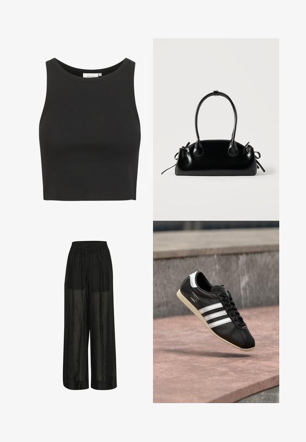 Čierny rebrovaný crop top vyrobený z elastického materiálu. Má okrúhly výstrih a bezrukávový dizajn, s čistými, upravenými okrajmi.; Čierne široké nohavice vyrobené z priesvitného materiálu, s elastickým pásom a šnúrkou pre nastaviteľný strih a hladkú textúru.; Čierna kožená teniska s bielymi pruhmi a podrážkou, zaviazaná šnúrkami, vznášajúca sa nad ružovkastým betónovým povrchom s sivou kamennou stenou v pozadí.; Malá čierna lesklá kabelka s dvoma dlhými rúčkami a bočnými šnúrkovými detailmi na jednoduchom svetlom pozadí.