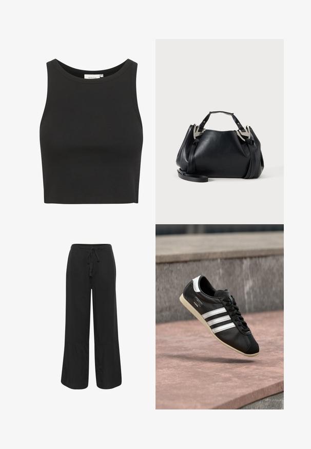 Zwart geribbelde crop top gemaakt van rekbaar materiaal. Heeft een ronde halslijn en een mouwloos ontwerp, met schone, afgewerkte randen.; Culture CUNAVI CLARINA - Broek - black; Zwarte leren sneaker met witte strepen en zool, veters gestrikt, zwevend boven een rozeachtig betonnen oppervlak met een grijze stenen muur op de achtergrond.; Zwarte leren handtas met zilverkleurige V-vormige metalen accenten, twee bovenhengsels en een afneembare schouderriem op een effen lichte achtergrond.
