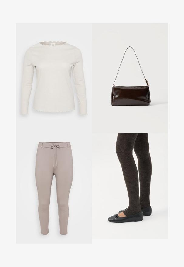Chemise beige clair à manches longues en tissu côtelé. Présente un col en scallop et des bords légèrement effilochés aux poignets et à l'ourlet.; Pantalons de jogging ajustés, beige clair, avec une taille élastique à cordon de serrage et des jambes fuselées, présentés sur un fond uni.; Jambes portant des leggings côtelés foncés associés à des ballerines noires avec de petits détails en nœud sur fond blanc.; Sac à bandoulière rectangulaire en cuir marron foncé avec une seule sangle fine et une boucle dorée sur un fond uni.