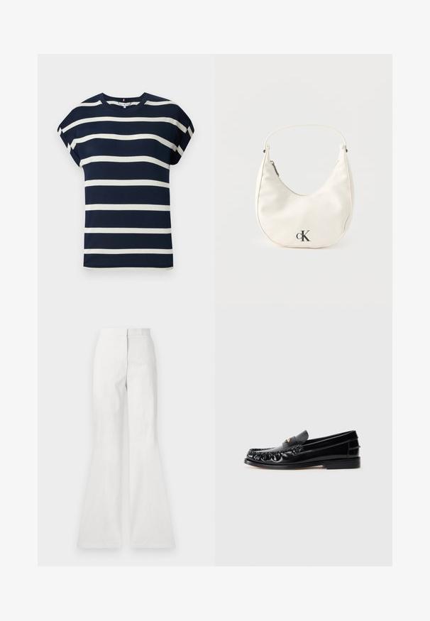 Camiseta de manga corta azul marino con rayas horizontales blancas, escote redondo y un corte relajado. Tela suave y lisa con mangas dobladas.; Pantalones acampanados blancos hechos de tejido ligero, con una textura suave, detalle de costura frontal y una cinturilla ajustada.; Mocasines de cuero negro con puntera redondeada, costuras decorativas y un pequeño acento dorado en el empeine. Suela plana de goma, diseño elegante.; Pequeño bolso blanco en forma de media luna con correa corta, cierre de cremallera y logo negro "cK" en el frente.