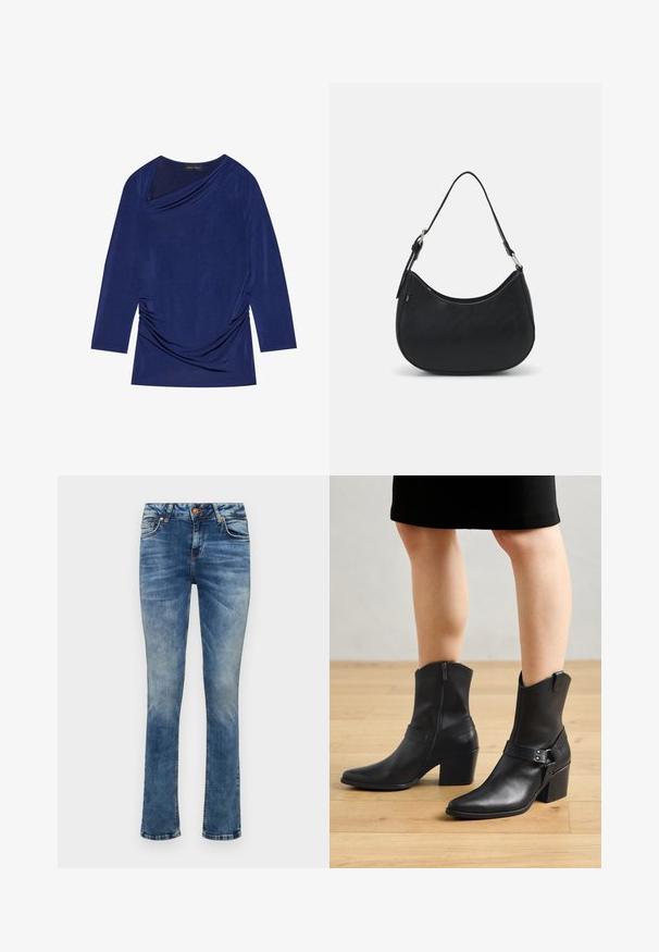 Dunkelblaues Langarmoberteil mit drapiertem Ausschnitt, gerafftem Seitendetail und weichem, dehnbarem Stoff. Das Etikett trägt die Aufschrift "ANNA FIELD".; Helle blaue Denim-Jeans mit geradem Bein, ausgestattet mit einem Frontknopfverschluss, fünf Taschen und dezenten Ausbleichungen.; Schwarze Leder-Stiefeletten mit spitzem Zehenbereich, Reißverschluss, geschwungenem Absatz und einem dekorativen Riemen mit metallischen Akzenten.; Schwarze Hobo-Tasche aus glattem Leder mit einer geschwungenen Silhouette, ausgestattet mit einem einzelnen verstellbaren Trageriemen und minimalistischem Design.