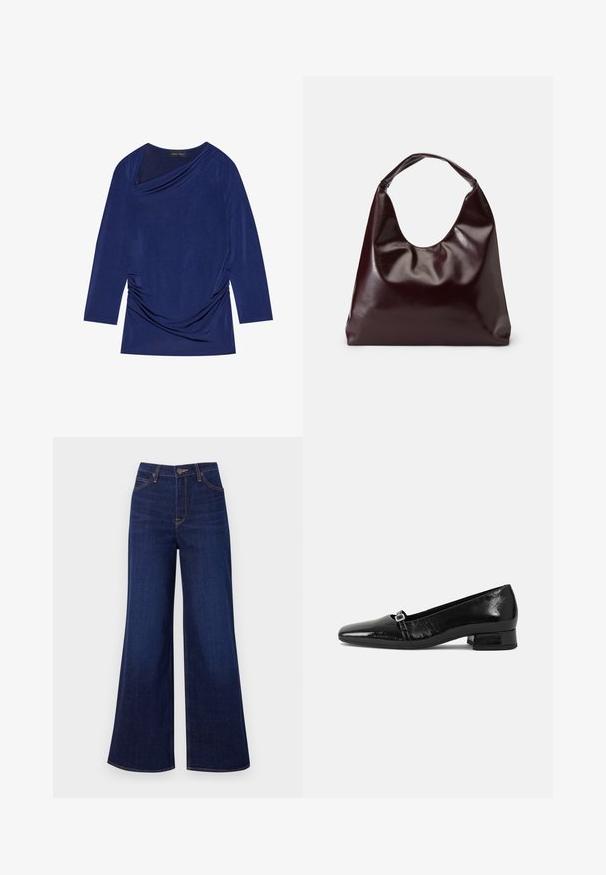 Haut à manches longues bleu marine avec décolleté drapé, détail froncé sur le côté et tissu doux et extensible. L'étiquette indique "ANNA FIELD."; Jean large en denim bleu foncé, avec une taille haute, un design à cinq poches et des coutures orange contrastantes le long des coutures.; Ballet flats en cuir verni noir avec un bout pointu, un petit talon carré et un détail de boucle métallique sur la sangle. Texture lisse.; Sac en cuir vegan bordeaux, brillant, avec une forme douce et sculpturale et une large poignée incurvée pour un transport facile.