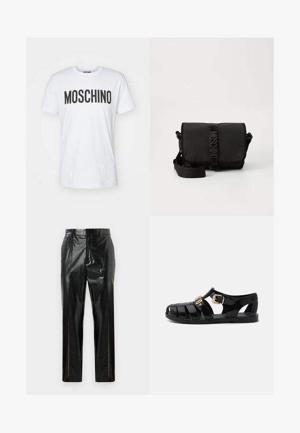 Witte katoenen t-shirt met gedurfde zwarte "MOSCHINO" letters op de voorkant. Korte mouwen en een ronde halslijn. Glad textuur.; Zwarte hoogglanzende vinyl rechte broek met riemlussen, verborgen sluiting aan de voorkant en geplooide details.; Zwarte rubberen sandalen met uitsnijdingen, voorzien van een gouden gesp-sluiting en een textuur inlegzool. Afgedrukt logo op de hak.; Zwarte nylon schoudertas met klep, voorzien van een opvallende logo riemsluiting, een verstelbare schouderriem en zijnaaddetails.
