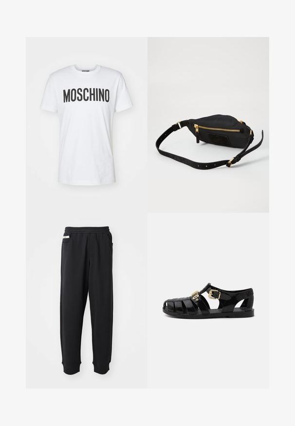 Biela bavlnená tričko s výrazným čiernym nápisom "MOSCHINO" na prednej strane. Krátke rukávy a okrúhly výstrih. Hladká textúra.; Čierne tepláky vyrobené z mäkkého materiálu, s elastickým pásom, bočnými vreckami a rebrovanými manžetami na členkoch. Minimalistický dizajn.; Čierne gumové šľapky s výrezovým dizajnom, s prackou zlaté farby a textúrovanou stielkou. Logo vyrazené na päte.; Čierna crossbody taška z textílie s zlatým zipsom, semišovými akcentami, obdĺžnikovým tvarom, nastaviteľným popruhom a textúrovaným povrchom.