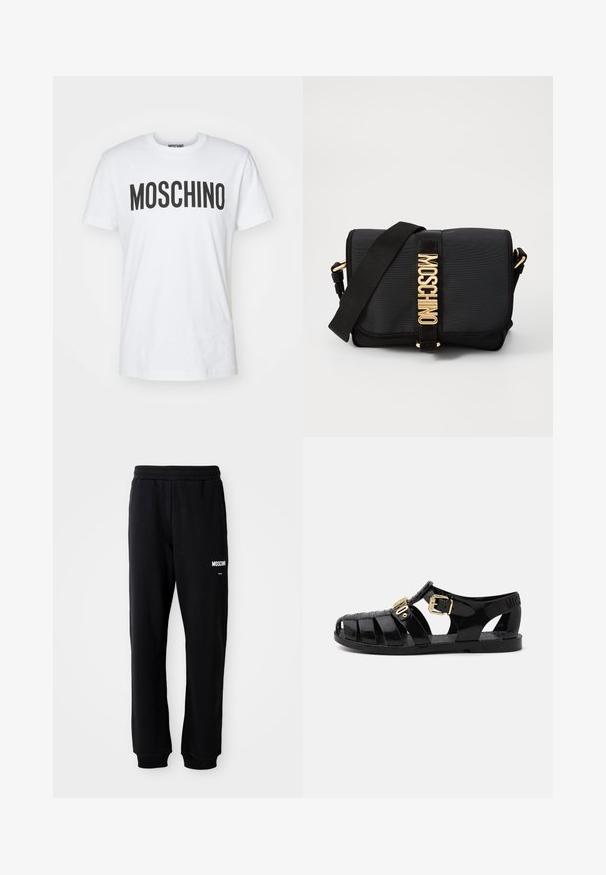 Camiseta de algodón blanca con llamativas letras negras "MOSCHINO" en la parte frontal. Manga corta y cuello redondo. Textura suave.; Pantalones de chándal negros con un corte relajado, hechos de una tela suave. Presentan una cintura elástica y el logo blanco de "Moschino" en el muslo izquierdo.; Sandalias de goma negras con diseño perforado, que cuentan con un cierre de hebilla dorada y una plantilla texturizada. Logo estampado en el talón.; Bolso bandolera negro hecho de nylon con una textura suave. Presenta herrajes dorados y el logotipo "MOSCHINO" en la correa frontal. Incluye una correa ajustable.
