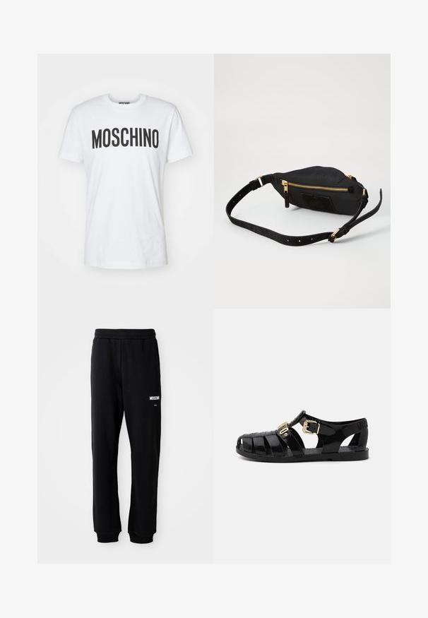 Witte katoenen t-shirt met gedurfde zwarte "MOSCHINO" letters op de voorkant. Korte mouwen en een ronde halslijn. Glad textuur.; Zwarte joggingsbroek met een ontspannen pasvorm, gemaakt van zacht materiaal. Voorzien van een elastische tailleband en een wit "Moschino"-logo op de linker bovenbeen.; Zwarte rubberen sandalen met uitsnijdingen, voorzien van een gouden gesp-sluiting en een textuur inlegzool. Afgedrukt logo op de hak.; Zwarte leren schoudertas met gouden rits, suède accenten, rechthoekige vorm, verstelbare schouderband en een textuur oppervlak.