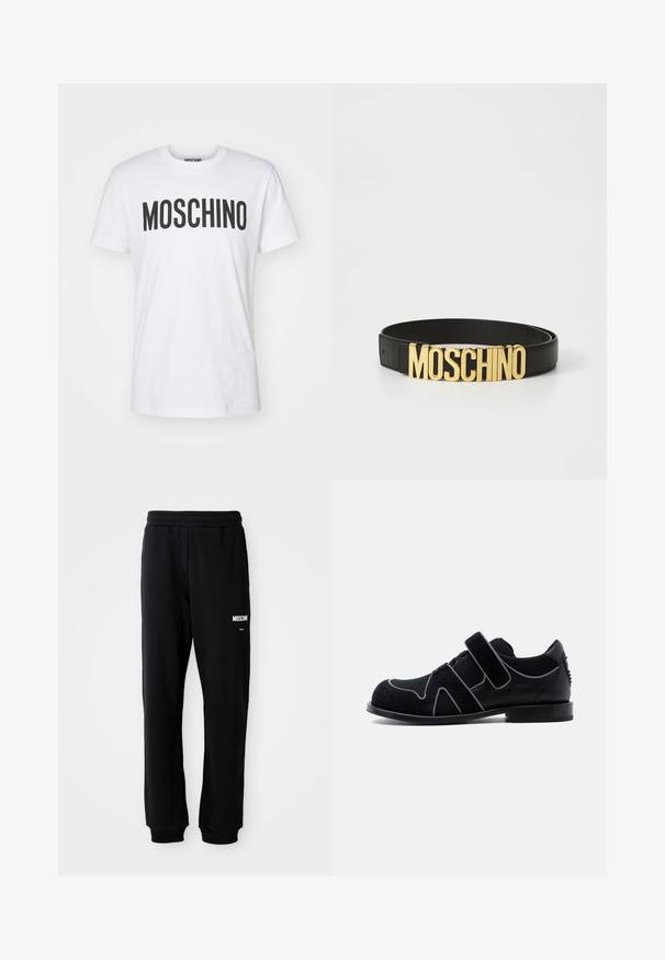Hvid bomuld t-shirt med store sorte "MOSCHINO" bogstaver på forsiden. Korte ærmer og rund halsudskæring. Glat tekstur.; Sorte sweatpants med en afslappet pasform, lavet af blødt stof. Har en elastisk talje og hvidt "Moschino" logo på venstre lår.; Sort herresko til fest med velcrolukning, snøredetalje, ruskind- og lædermaterialer samt en lav hæl mod en ensfarvet hvid baggrund.; Sort læderbælte med et stort guld "MOSCHINO" logo spænde, glat tekstur, justerbar størrelse og minimalistisk design.