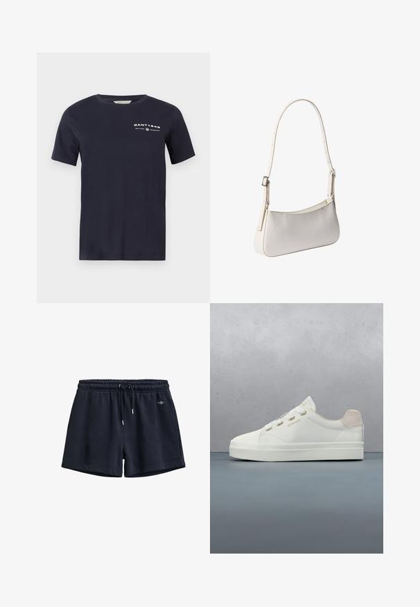 Mørkeblå bomulds t-shirt med rund hals og korte ærmer. Har hvidt trykt tekst og logo foran. Blød tekstur og almindelig pasform.; Mørkeblå afslappede shorts med elastisk talje og snøre, to sidelommer og lille broderet logo ved højre hofte.; Hvid GANT-sneaker med guldøjer og logo, svævende over trægulve og småsten, grøn plante og betonvæg i baggrunden.; Hvid skuldertaske med justerbar strop og subtilt tekstureret mønster, rektangulær form med afrundede kanter, sølvspænde på stroppen.