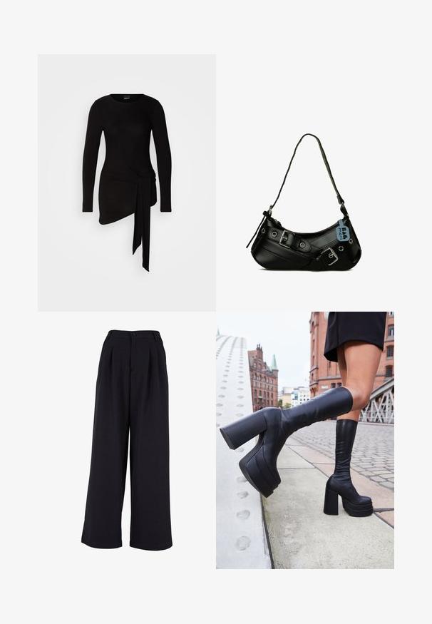 Zwart top met lange mouwen gemaakt van een zachte, rekbare stof; heeft een knoopdetail aan de zijkant en een asymmetrische zoom.; Zwarte wijde broek van stof, met voorplooien, een knoopsluiting en een zachte textuur. Tailored design met een hoge taille.; Zwarte kniehoge platformlaarzen van glad leder, met dikke vierkante hakken en een slank ontwerp, tegen een stadsachtergrond.; Zwarte synthetische handtas met een gebogen vorm, verstelbare schouderriem en decoratieve metalen gespen. Heeft een gladde, glanzende textuur.