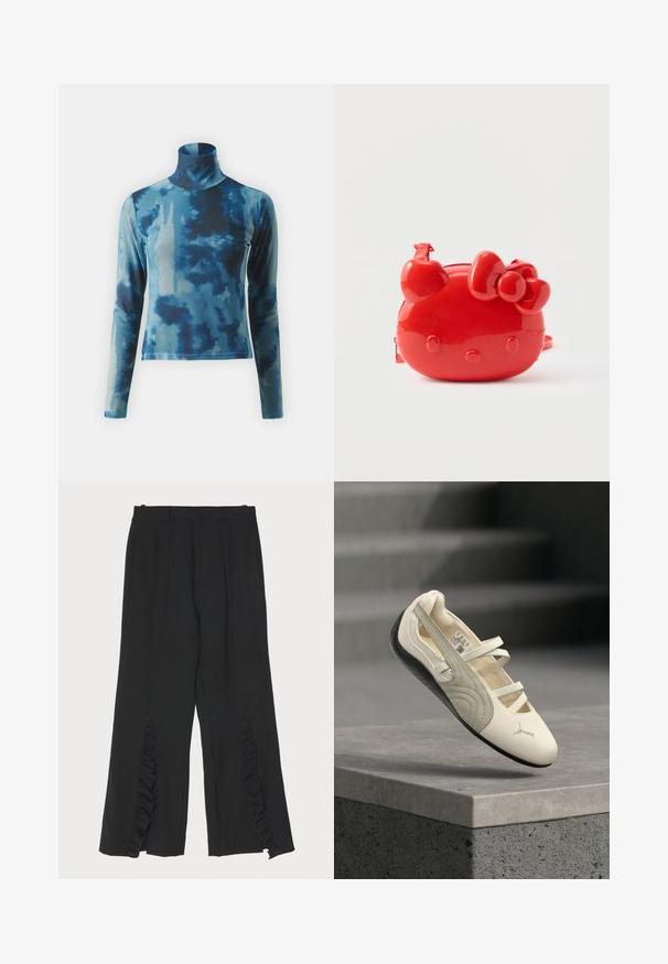 Langærmet turtleneck top i et blåt tie-dye mønster, lavet af glat stof med en tætsiddende silhuet og høj krave.; Sorte bukser med bred ben-design, der har flæseaccentuer ved sidesømmen og en flad talje. Glat stofstruktur, skræddersyet snit.; Hvid og grå balletflat-sneaker med tre elastiske stropper og sort sål, vist i luften over en betonhylde.; Rød blank crossbody-taske formet som et tegneseriekatteansigt med en sløjfe og hjerteformede ører på en hvid baggrund.