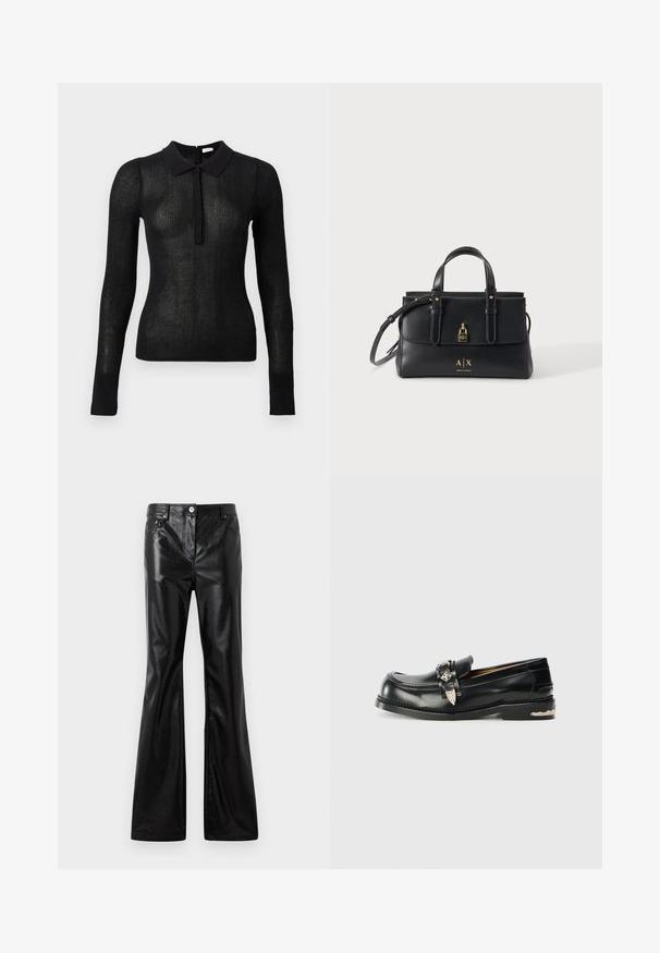 Sort, langærmet tætsiddende striktrøje med gennemsigtig tekstur og solid krave, knaplukning foran, vist på en ensfarvet baggrund.; Rabanne Loose-jeans - black; Sorte læder loafers med rund tå, dekorative spænde detaljer og detaljeret syning langs sålen. Flad hældesign.; Sort læder Armani Exchange håndtaske med dobbelte håndtag, en skulderrem og guldfarvet lås og logodetaljer på en ensfarvet baggrund.
