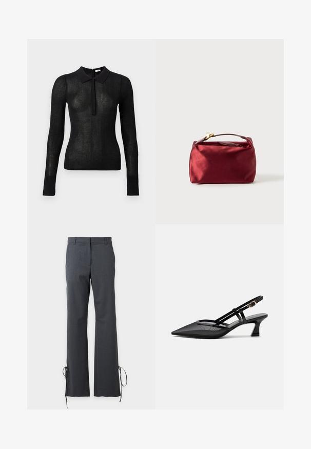Haut en tricot noir à manches longues, ajusté, avec une texture transparente et un col uni, patte de boutonnage à l'avant, présenté sur un fond uni.; Pantalon sur mesure gris foncé avec jambes droites et liens aux ourlets, équipé de passants de ceinture et d'une fermeture avant dissimulée.; Chaussure slingback noire à bout pointu avec tige en mesh, fines brides, boucle dorée et petit talon incurvé sur fond blanc.; Trousse de maquillage en satin bourgogne de forme rectangulaire, avec fermeture éclair et une poignée courte. Présente un design minimaliste et une texture lisse.