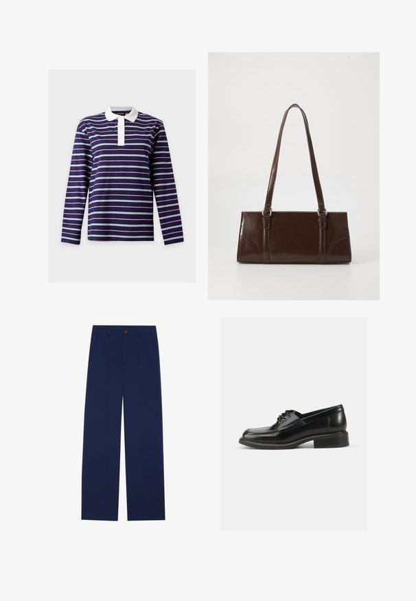 Polo de manga larga azul marino con rayas horizontales blancas y rosas y cuello blanco con botones.; Pantalones de pierna ancha en azul marino, fabricados en una tela suave, con bolsillos frontales, cierre de botón y un diseño ajustado con pliegues.; Zapato de dress de cuero negro con textura suave, puntera redondeada, dos ojales para cordones y un sólido tacón cuadrado. Diseño simple sin patrones.; Bolso de mano de piel sintética marrón con forma rectangular, dos asas largas y sutiles acentos curvados en la parte delantera.