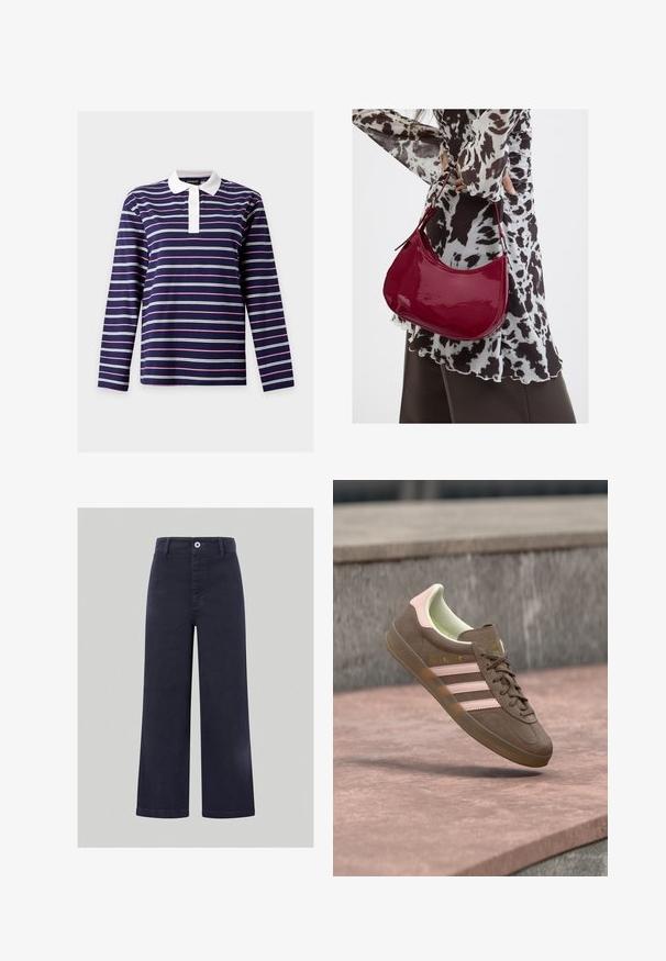 Donkerblauw poloshirt met lange mouwen, witte en roze horizontale strepen en een witte kraag met knopen.; Lange marineblauwe broek van een soepele katoenmix, met een sluiting met knoop aan de voorkant en gestikte details langs de tailleband en zakken.; Bruine suède sneaker met roze accenten, drie witte strepen en een geel logo. Voorzien van een zachte voering en een geribbelde rubberen zool.; Vrouw met een zwart-wit gebloemde blouse houdt een glanzende rode schoudertas vast tegen een effen achtergrond.