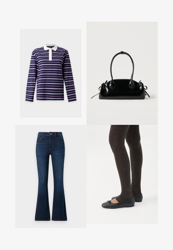 Marineblå langærmet polo med hvide og pink vandrette striber og en hvid knappet krave.; TOM TAILOR STELLA darkblue; Ben iført mørke ribbede leggings kombineret med sorte balletsko med små sløjfedetaljer på hvid baggrund.; Lille sort blank håndtaske med to lange håndtag og snøre-detaljer i siden på en ensfarvet lys baggrund.