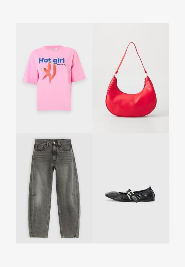 Roze T-shirt met blauwe tekst "Hot girl" en zwarte tekst "Chillin' Out", met in het midden een afbeelding van drie rode chilipepers.; Hoge taille grijs gewassen denim jeans met vijf zakken, knoopsluiting en een ontspannen rechte pasvorm.; Zwarte leren platte schoen met een spitse neus, geplooide details rond de opening en een zilveren gespaccentueerde verstelbare band.; Rode synthetische leren schoudertas met een gebogen vorm, slanke strap en een ritsluiting. Glad oppervlak met zichtbare stiksels.