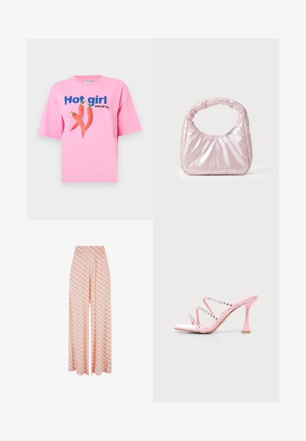 T-shirt rose avec texte bleu "Hot girl" et texte noir "Chillin' Out", avec un graphisme de trois piments rouges au centre.; Pantalon à jambes larges avec un motif à carreaux rose et blanc et une taille élastique, présenté sur un fond blanc uni.; Sandale à talons hauts rose avec trois fines brides ornées de strass ronds sur un fond clair.; Sac à main rose rembourré avec un design arrondi, fabriqué à partir d'un matériau brillant. Dispose d'une poignée froncée et d'une fermeture éclair pour un accès sécurisé.