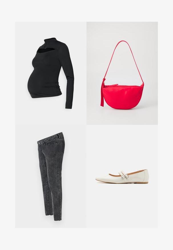 Must have pikkade varrukatega rasedusteema must top, millel on tõmmatav krae ja lõikega disain rinnal, valmistatud pehmest ja venivast kangast, vöökohal ja pehmeist sobivus.; MAMALICIOUS Slim fit Mid waist Raw hems - Liibuvad teksad - grey denim; Valged lakkkingad terava ninaga, kahe dekoratiivse rihmaga, millel on hõbedased pandlad, ja peene pruuniga tallaga.; Punane nahast õlavöö kott, millel on kumer kuju, lukuga sulgemine ja õhuke reguleeritav rihm. Sile tekstuur koos õmblusbutafoori detailidega.
