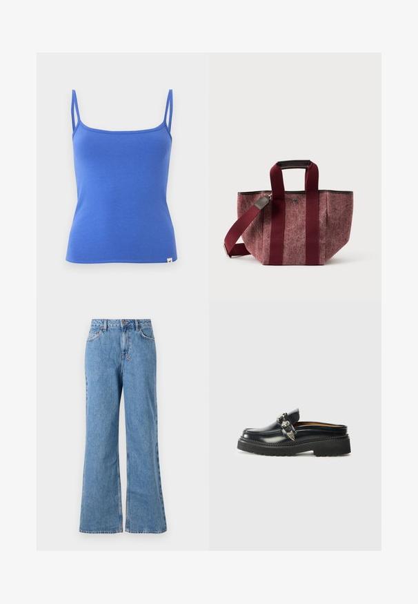 Camisole bleue sans manches avec fines bretelles doubles et petite étiquette blanche avec logo en bas de l’ourlet sur un fond uni.; Jean large en denim bleu clair à taille haute, avec fermeture à bouton et à glissière, poches frontales et texture décolorée.; Mocassin noir en cuir avec une épaisse semelle en caoutchouc noir, présentant une sangle décorative en argent avec des accents d'ailes et des détails de couture.; Sac fourre-tout bordeaux en tissu texturé, doté de larges sangles d'épaule, d'une base robuste et d'une bordure contrastante noire le long du haut.
