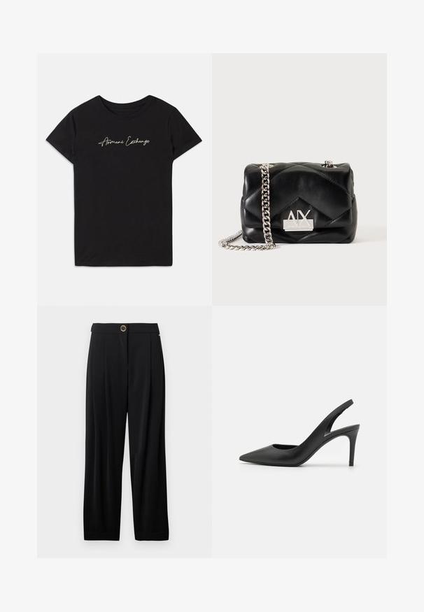 T-shirt en coton noir avec des manches courtes et un col rond, orné d'un logo en cursive "Armani Exchange" en blanc.; Pantalons larges noirs taille haute avec une fermeture à un bouton doré et des poches latérales, sur fond blanc.; Escarpins à talon aiguille en cuir noir, avec un design à bout pointu, présentant une découpure à l'avant et un talon fin.; Sac à épaule en cuir matelassé noir avec une bandoulière chaîne argentée et le logo Armani Exchange AX argenté sur le devant.