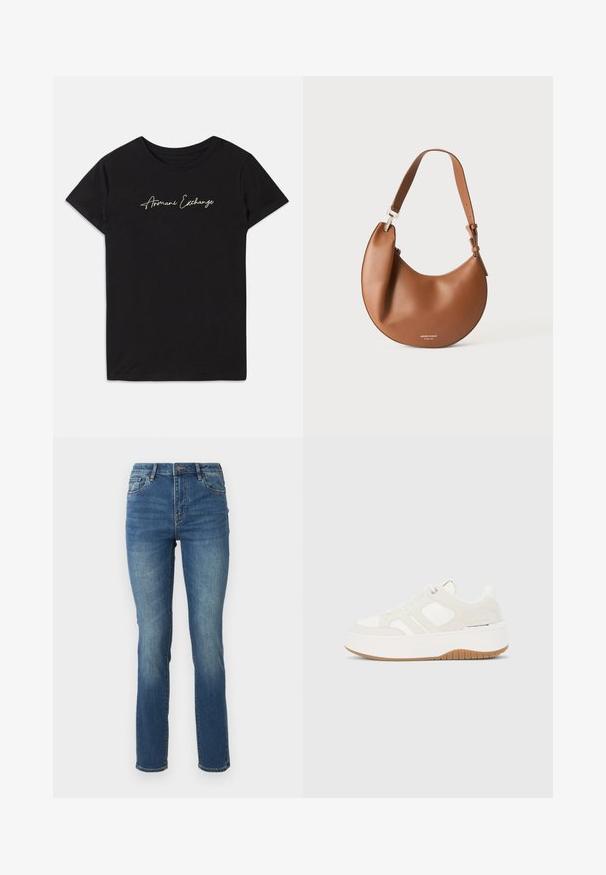 T-shirt en coton noir avec des manches courtes et un col rond, orné d'un logo en cursive "Armani Exchange" en blanc.; Jean en denim bleu mi-hauteur avec une jambe droite, présentant une texture lisse, un léger dégradé et un design classique à cinq poches avec fermeture à bouton.; Baskets compensées blanches et beige avec lacets à l'avant, semelle en gomme, branding sur le côté et détails de panneaux cousus.; Sac d'épaule en cuir marron en forme de croissant avec une bandoulière réglable et un petit texte logo argenté en bas au centre.