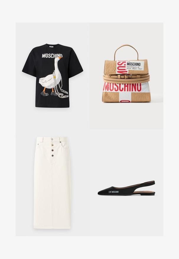 T-shirt en coton noir avec un grand graphisme représentant une oie portant des chaussures noires et un collier de perles, avec le texte "MOSCHINO" au-dessus.; Jupe en denim blanc à boutons, de forme droite, avec cinq boutons métalliques et deux poches latérales, texture lisse et longueur au genou.; Chaussure plate slingback noire pointue avec un petit talon et logo "LOVE MOSCHINO" sur le côté, sur un fond clair uni.; Petit sac à main beige avec poignée supérieure, ceinture double tour et impression audacieuse en rouge et blanc Moschino sur le devant et le rabat.