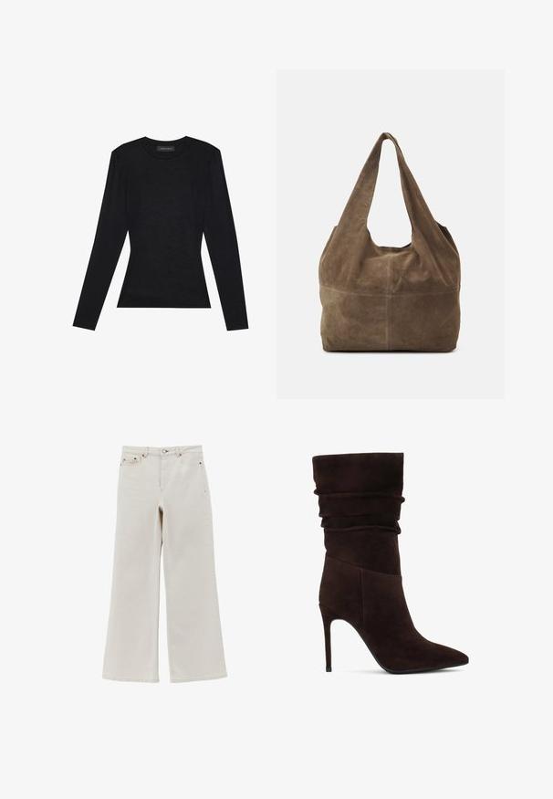 Sort langærmet top med rund hals, der har en tætsiddende silhuet og let pufdetalje ved skuldrene. Fremstillet af blødt bomuldsstof.; Off-white viddebenede denimjeans med høj talje, forreste knap, lynlåslukning og fem-lomme design.; Brune ruskinds ankelstøvle med en slouchy overdel, spids tå og høj stilettohæl. Har en struktureret overflade og en glat silhuet.; Brun ruskinds hobo taske med én skulderrem, blød tekstur og en rund form. Har en søm tværs over midten for ekstra detalje.