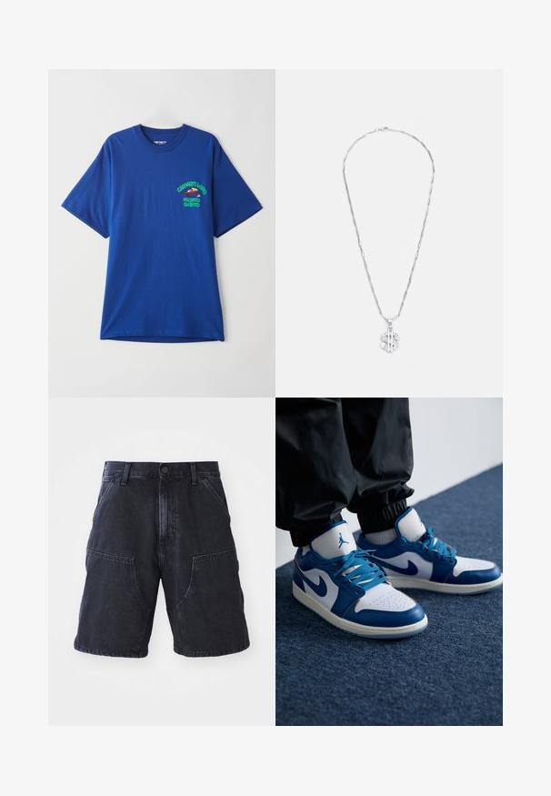 Blå bomuld T-shirt med korte ærmer, der har et trykt motiv på venstre bryst i grønt og rødt, teksten inkluderer "Carhartt WIP" og "Pronto Subito."; Mørke denim shorts med lige snit, store forlommer og knaplukning; glat tekstur og minimale syninger.; Nike Air Jordan sneakers har en hvid læderbase med blå syntetiske detaljer, en perforeret tåboks og blå snørebånd.; Sølv halskæde med forlængede led og en vedhæng med et dollartegn, accentueret med klare krystaller.