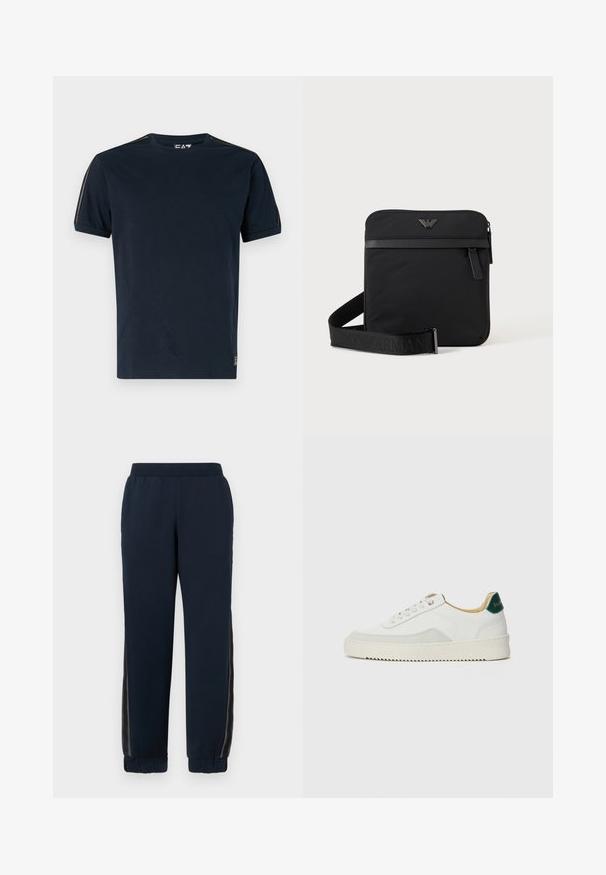 Camiseta de color azul marino hecha de algodón, con mangas cortas, cuello redondo y detalles texturizados en los hombros. Logo en la parte inferior izquierda.; Pantalones de chándal azul marino con una textura suave, puños ajustados y paneles laterales de malla. Cintura elástica para mayor comodidad y un ajuste casual.; Zapatilla blanca con acentos de ante, puntera redondeada, cordones planos y suela de goma color crema. Presenta un logo verde en el talón.; Bolso de hombro negro cuadrado con cierre de cremallera, bolsillo delantero y correa ajustable con nombre de marca en relieve.