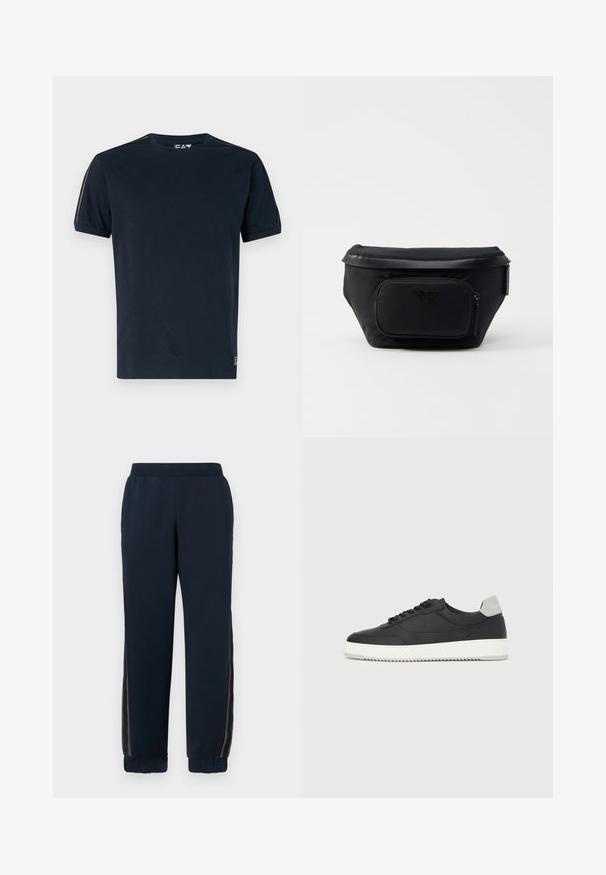 Camiseta de color azul marino hecha de algodón, con mangas cortas, cuello redondo y detalles texturizados en los hombros. Logo en la parte inferior izquierda.; Pantalones de chándal azul marino con una textura suave, puños ajustados y paneles laterales de malla. Cintura elástica para mayor comodidad y un ajuste casual.; Zapatilla deportiva negra de caña baja con suela blanca y lengüeta gris en el talón, vista lateral sobre un fondo blanco liso.; Bolsa negra de nailon con un bolsillo delantero con cremallera, presenta una textura lisa y un acento de logo. Diseño estructurado con una tapa plegable.