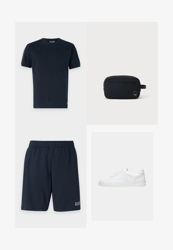 Marineblå t-shirt lavet af bomuld med korte ærmer, rund halsudskæring og teksturerede skulderdetaljer. Logo nederst til venstre.; Marineblå shorts med elastisk talje lavet af blødt stof, med sidelommer og et lille hvidt EA7-logo på nederste venstre ben.; Hvid lavt sneaker med snørelukning, glat læderoverdel og tyk sål, vist fra siden på en ensfarvet baggrund.; Sort rektangulær toilettaske med lynlåslomme foran og lille logopatch, med en sidesnor.