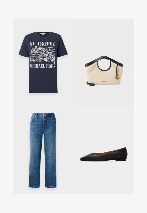Marineblå T-shirt med hvid skitse af bygninger og teksten "ST. TROPEZ," "French Riviera," "Profiter du Soleil" og "MICHAEL KORS" på forsiden.; Blå høj talje jeans med lige ben, lavet af denim, med fem lommer og detaljer i guldtonet metal.; Sort læder flad sko med spids tå, lav hæl og glat finish, vist fra siden på en lysegrå baggrund.; Beige stofhåndtaske med sort læderkant, cirkulært håndtag-udskæring, sort rem og gylden rund MK-logo vedhæng på højre side.