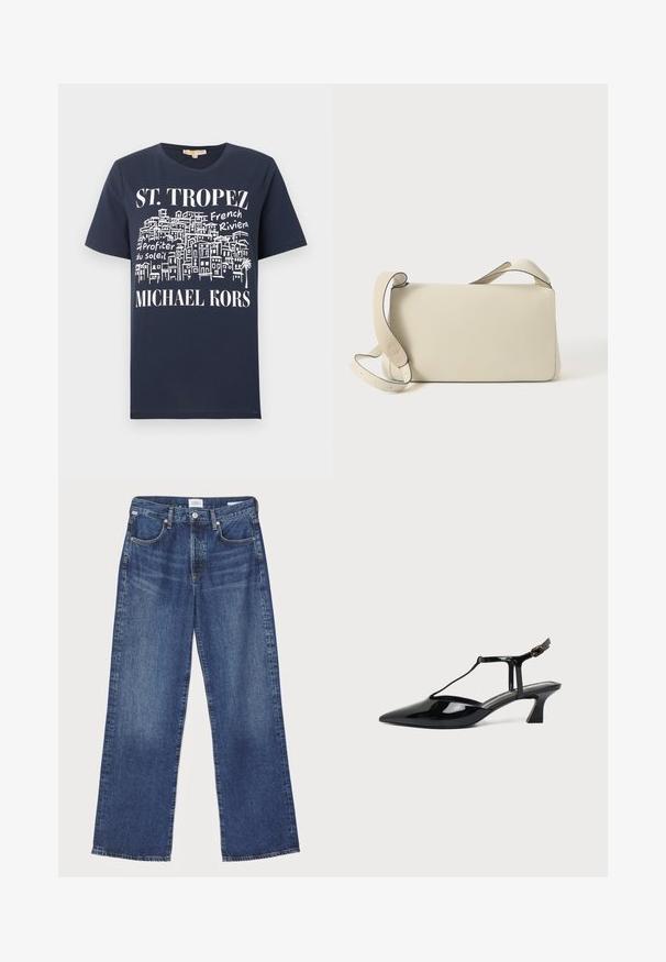 Tumesinine T-särk valge hoonete visandiga, esiküljel tekstid "ST. TROPEZ", "Prantsuse Riviera", "Profiter du Soleil" ja "MICHAEL KORS".; Citizens of Humanity ANNINA - Sirgete säärtega teksad - westwood dark indigo; Mustast lakknahast terava otsaga slingback-kinga T-rihma ja madala kaldu plokktallaga valgel taustal.; Kreemivärvi nahast õlakott reguleeritava rihmaga ja klapatäitega, asetatuna neutraalse valge tausta peale.