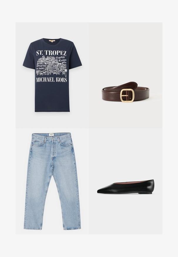 Marineblaues T-Shirt mit weißer Skizze von Gebäuden und den Texten "ST. TROPEZ", "French Riviera", "Profiter du Soleil" und "MICHAEL KORS" auf der Vorderseite.; Helles blaues Denim mit klassischem geradem Schnitt, fünf Taschen und Knopfverschluss, mit subtilen Verfärbungen und robuster Textur.; Schwarzer flacher Damenleder-Schuh mit spitzer Kappe und niedrigem Absatz, von der Seite auf einfarbigem hellgrauem Hintergrund gezeigt.; Dunkelbrauner Ledergürtel mit einer abgerundeten goldenen Schnalle, zusammengerollt und auf einem hellgrauen Hintergrund platziert.
