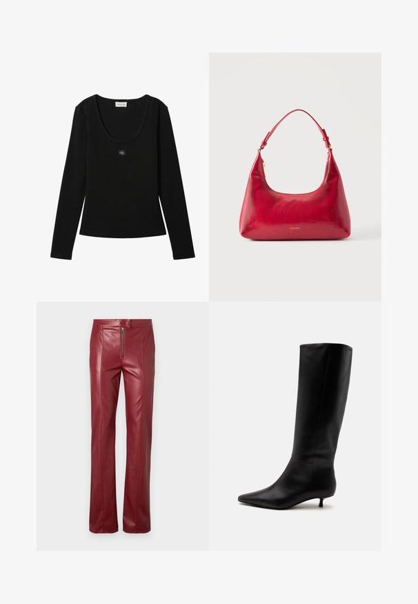 Haut noir à manches longues côtelé avec encolure dégagée et petit patch logo Calvin Klein centré sur la poitrine.; Pantalon en cuir rouge à coupe slim, avec une fermeture éclair à l'avant et une texture lisse. Le design comprend des détails de couture subtils le long des jambes.; Botte noire en cuir jusqu'au genou avec bout pointu et petit talon kitten sur un fond clair uni.; Sac à épaule en cuir rouge avec fermeture éclair dorée et sangle réglable, logo Calvin Klein centré à l'avant.