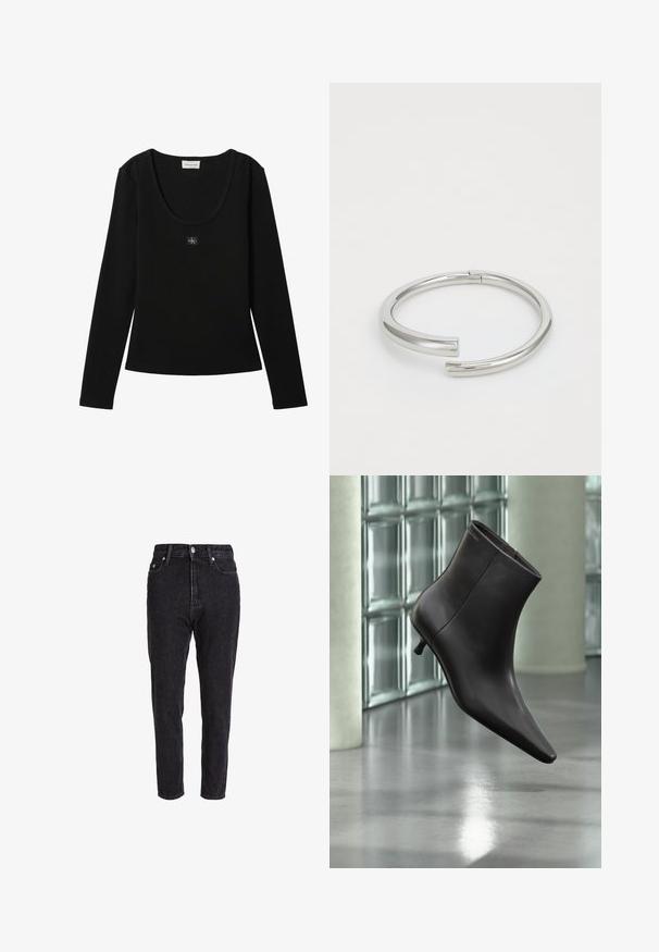 Schwarzes langärmeliges, geripptes Top mit Rundhalsausschnitt und kleinem Calvin Klein Logo-Patch zentriert auf der Brust.; Schwarze Jeans aus Denim mit hoher Taille, zulaufenden Beinen und klassischem Fünf-Taschen-Design. Der Stoff hat eine leicht strukturierte und robuste Textur.; Schwarzer Leder-Knöchelstiefel mit spitzer Spitze und kleinem Absatz vor einer Wand aus Glasbausteinen und einem polierten Boden.; Calvin Klein SPIRAL - Armband - silver-coloured